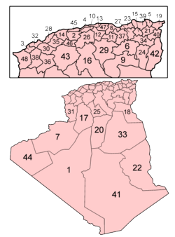 Map of the provinces of Algeria in alphabetical order.