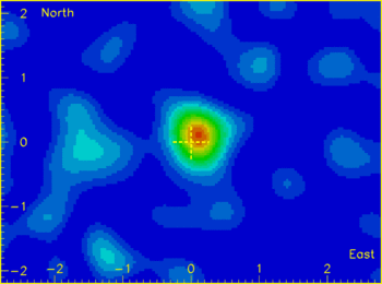 This unusual image shows the Moon's shadow as seen in muons by the Soudan 2 detector 700 meters underground. The slight deviation of the shadow from the actual location of the Moon (denoted by the cross) is doubly fascinating; and is the result of Earth's magnetic field twisting the shadow because cosmic rays are charged particles.