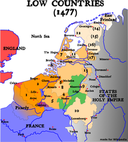 The Seventeen Provinces (orange, brown and yellow areas) and the Bishopric of Liège (green area). For a detailed description, see Seventeen Provinces.